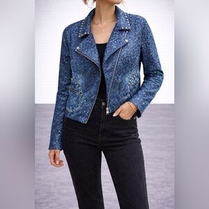 Moon Collection Blue Snakeskin Print Moto Jacket Studded Zip Up Statement Large